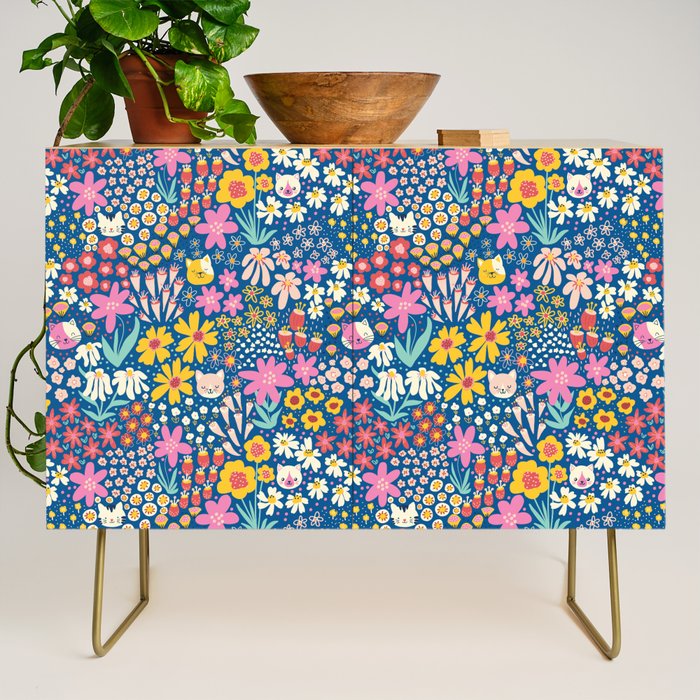 Flowers And Cats Blue Pink Yellow Credenza Gallery Image 1