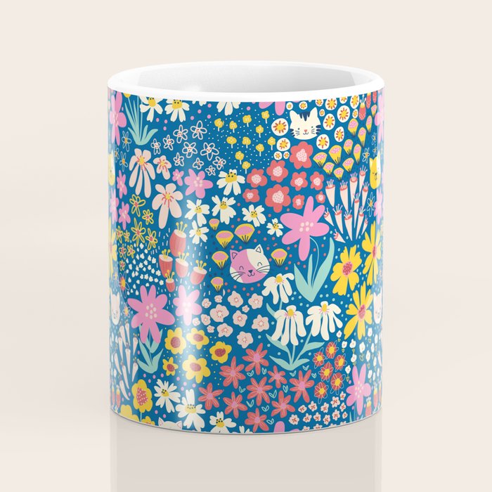 Flowers And Cats Blue Pink Yellow Coffee Mug Gallery Image 4
