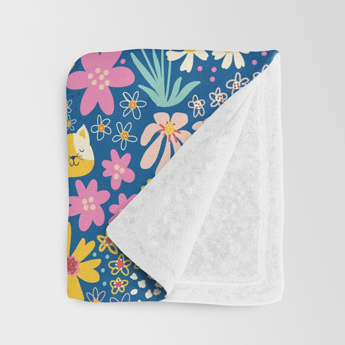 Flowers And Cats Blue Pink Yellow Throw Blanket Gallery Image 3