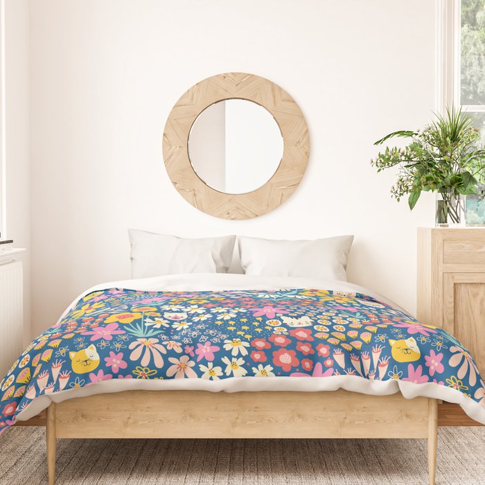 Flowers And Cats Blue Pink Yellow Duvet Cover Gallery Image 3