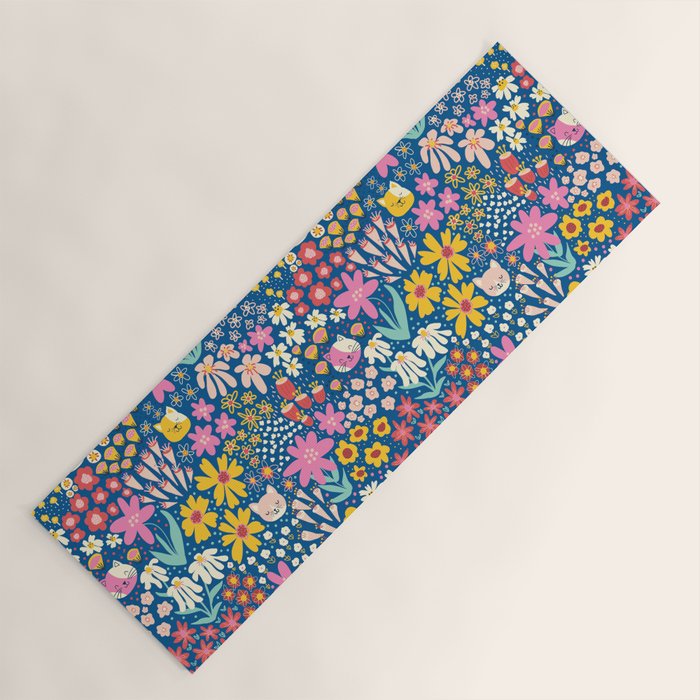 Flowers And Cats Blue Pink Yellow Yoga Mat Gallery Image 1