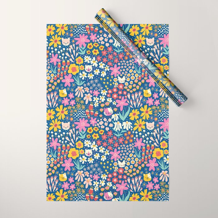 Flowers And Cats Blue Pink Yellow Wrapping Paper Gallery Image 1