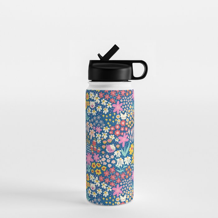 Flowers And Cats Blue Pink Yellow Water Bottle Gallery Image 1