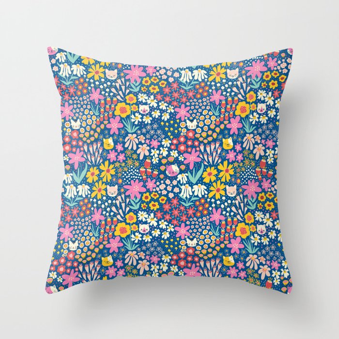 Flowers And Cats Blue Pink Yellow Throw Pillow Gallery Image 6