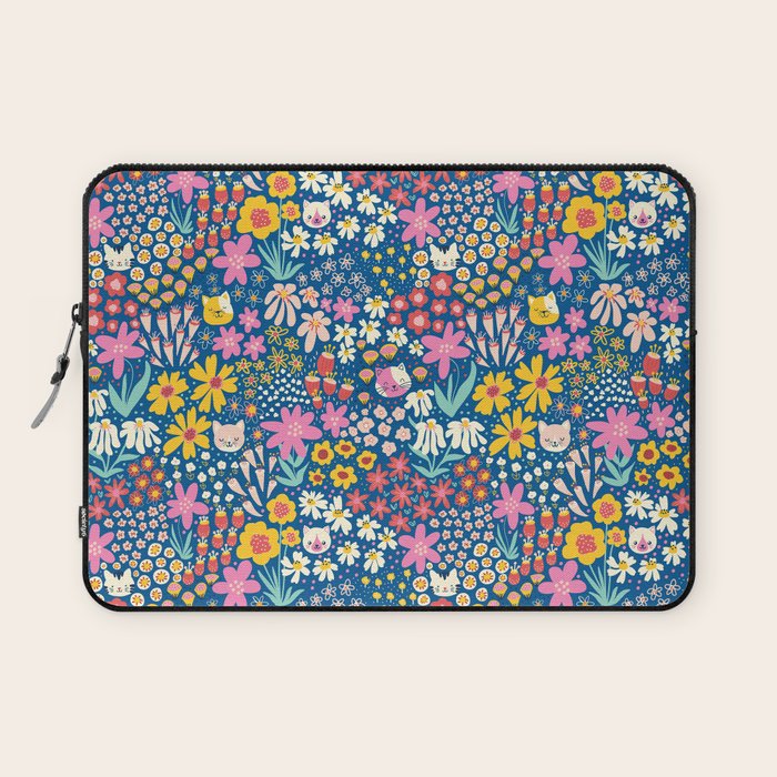 Flowers And Cats Blue Pink Yellow Laptop Sleeve Gallery Image 1