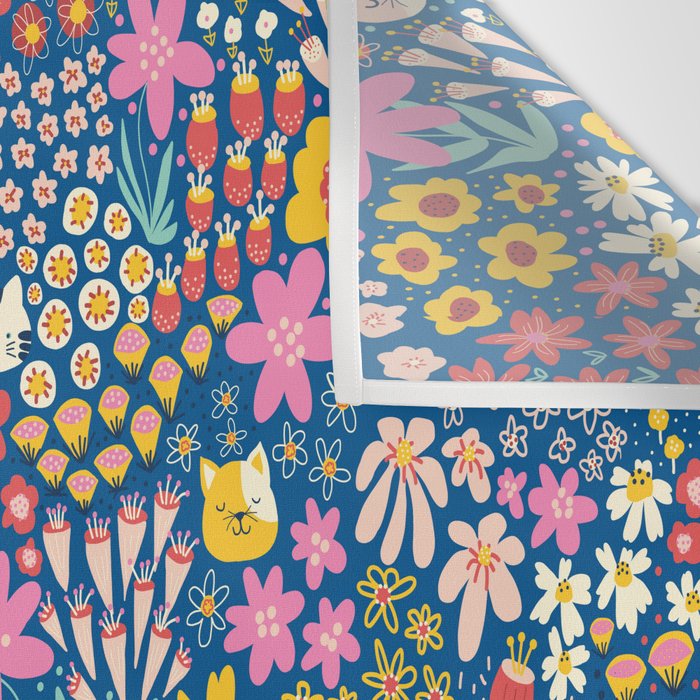 Flowers And Cats Blue Pink Yellow Wall Tapestry Gallery Image 3