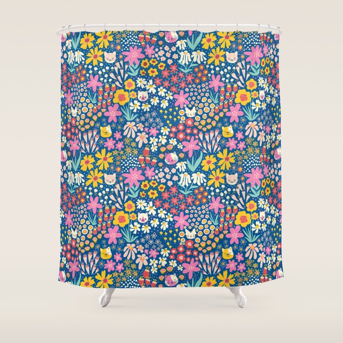 Flowers And Cats Blue Pink Yellow Shower Curtain Gallery Image 1