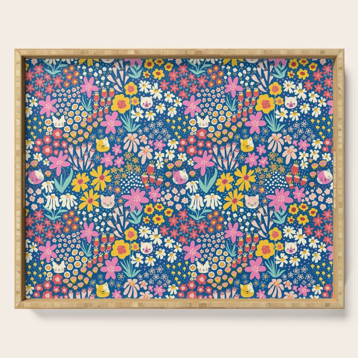 Flowers And Cats Blue Pink Yellow Serving Tray Gallery Image 1