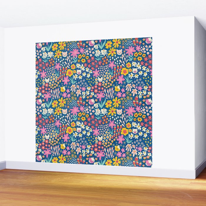 Flowers And Cats Blue Pink Yellow Wall Mural Gallery Image 2