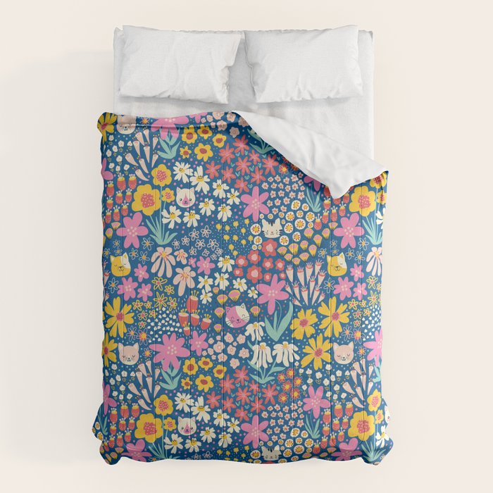 Flowers And Cats Blue Pink Yellow Comforter Gallery Image 1