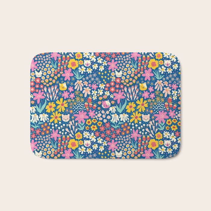 Flowers And Cats Blue Pink Yellow Bath Mat Gallery Image 1
