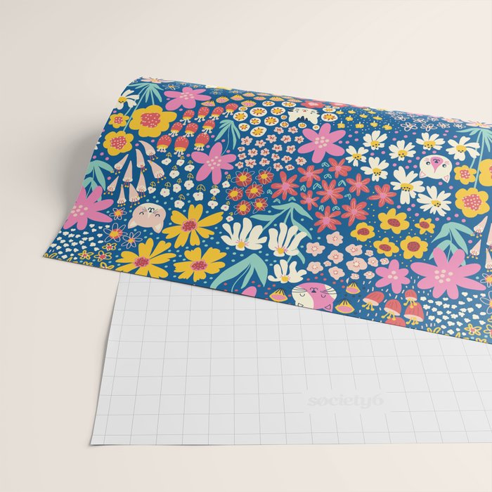 Flowers And Cats Blue Pink Yellow Wrapping Paper Gallery Image 2