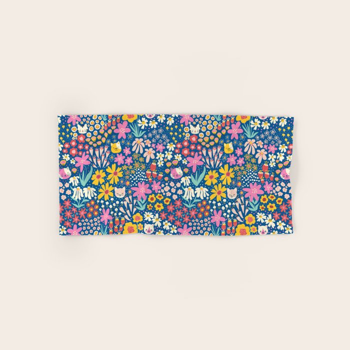 Flowers And Cats Blue Pink Yellow Bath Towel Gallery Image 1