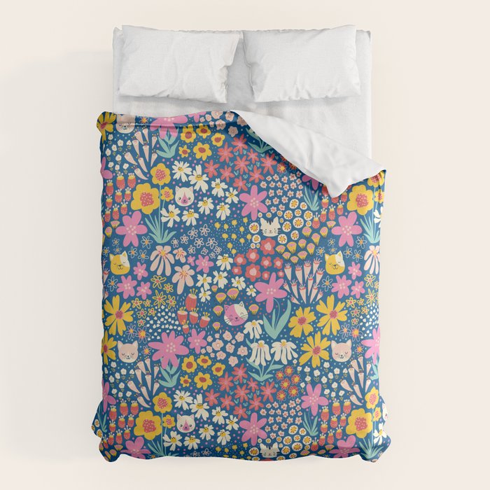 Flowers And Cats Blue Pink Yellow Duvet Cover Gallery Image 6