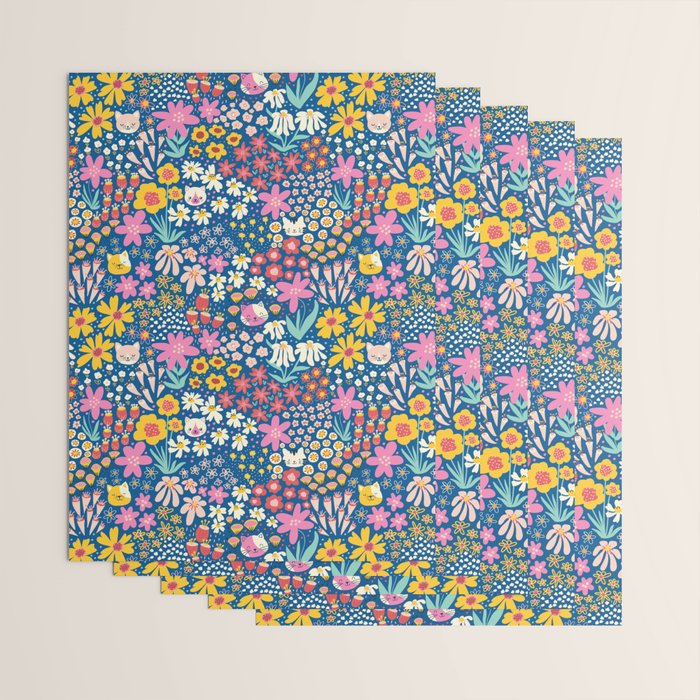 Flowers And Cats Blue Pink Yellow Wrapping Paper Gallery Image 3