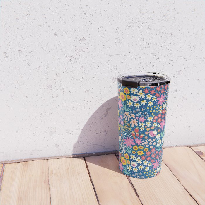 Flowers And Cats Blue Pink Yellow Travel Mug Gallery Image 4