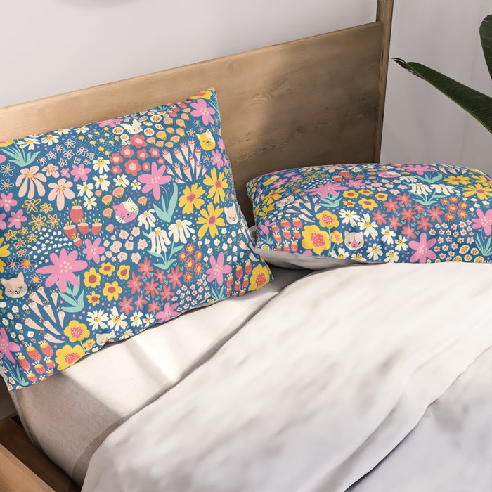Flowers And Cats Blue Pink Yellow Pillow Sham Gallery Image 2
