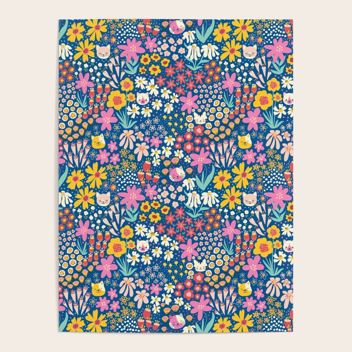 Flowers And Cats Blue Pink Yellow Poster Gallery Image 1