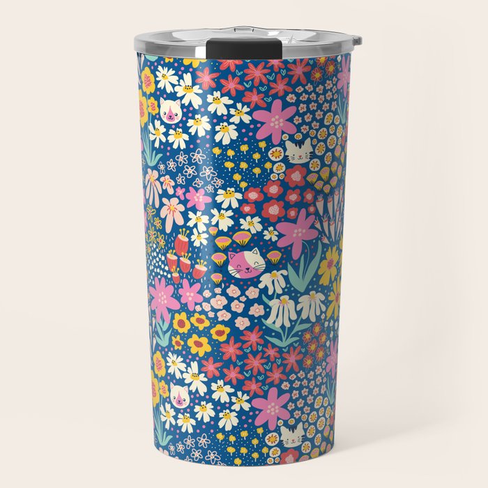 Flowers And Cats Blue Pink Yellow Travel Mug Gallery Image 1