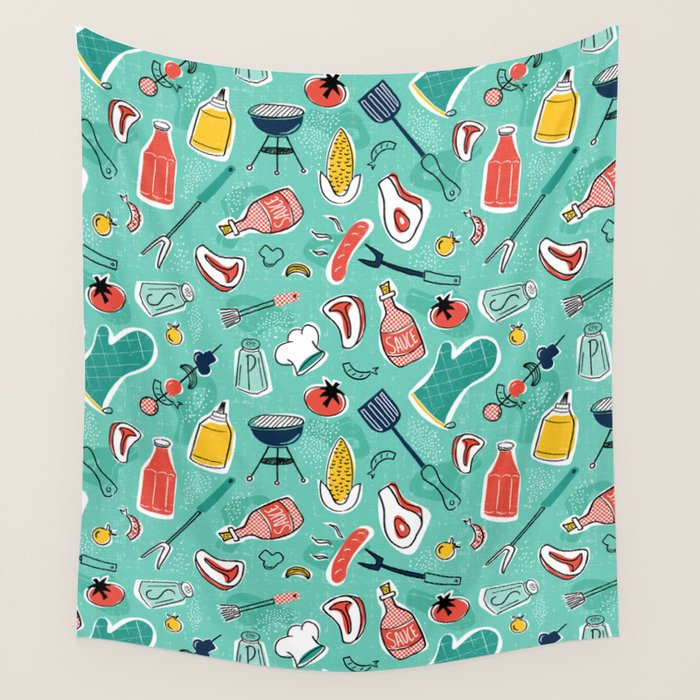 Backyard BBQ Aqua Wall Tapestry Gallery Image 4