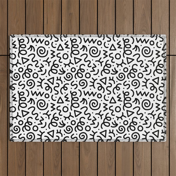 Fun black and white doodle art pattern Outdoor Rug Gallery Image 1