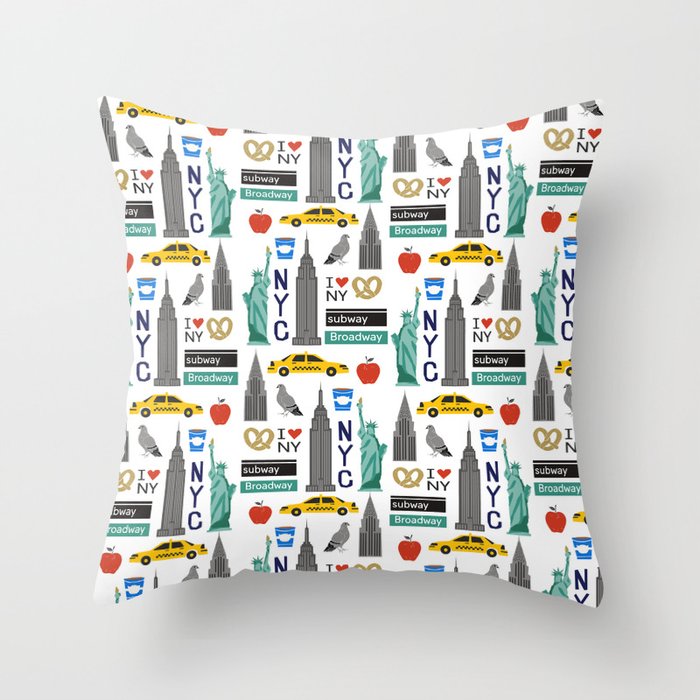 NYC travel pattern fun kids decor boys and girls nursery new york city theme Throw Pillow Gallery Image 1
