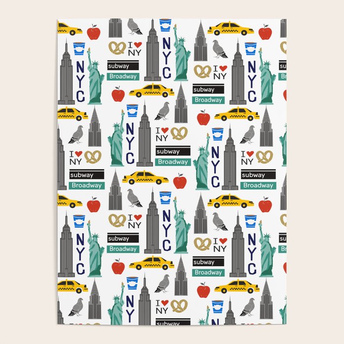 NYC travel pattern fun kids decor boys and girls nursery new york city theme Poster Gallery Image 1