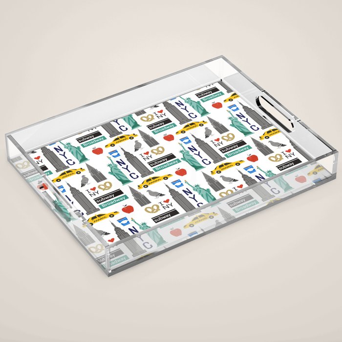 NYC travel pattern fun kids decor boys and girls nursery new york city theme Acrylic Tray Gallery Image 1