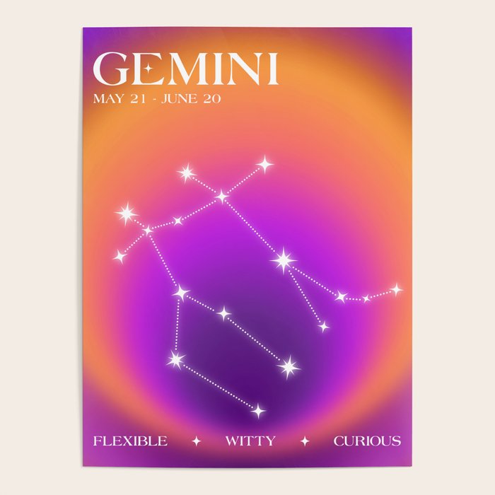 Gemini Star Sign Constellation, Aura Gradient Zodiac Art Poster Gallery Image 4
