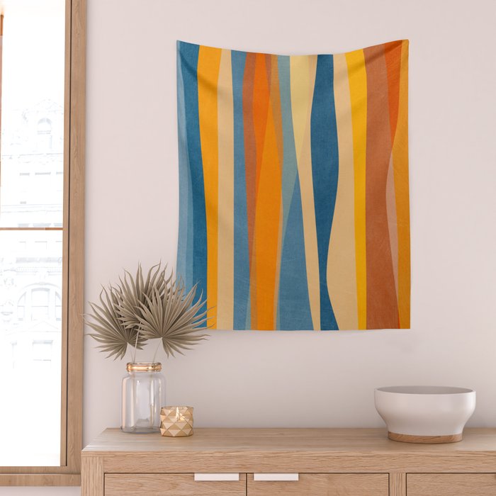 Modern Abstract Shapes Blue Orange Yellow Wall Tapestry Gallery Image 2