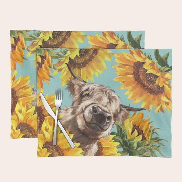 Highland Cow with Sunflowers in Blue Placemat Gallery Image 1