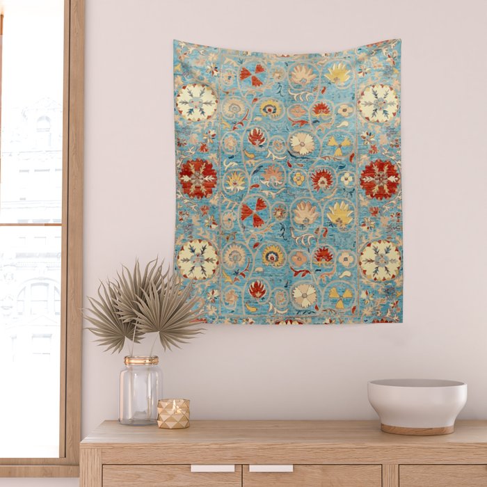 Antique Uzbekistan Blue Ground Suzani Wall Tapestry Gallery Image 2