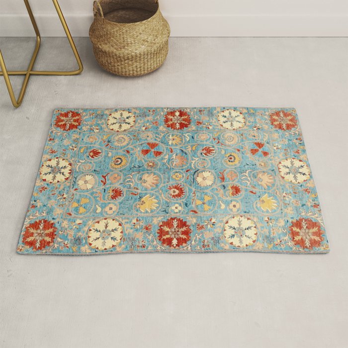Antique Uzbekistan Blue Ground Suzani Rug Gallery Image 1