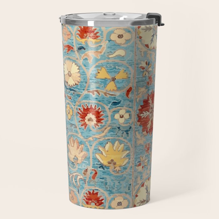 Antique Uzbekistan Blue Ground Suzani Travel Mug Gallery Image 2