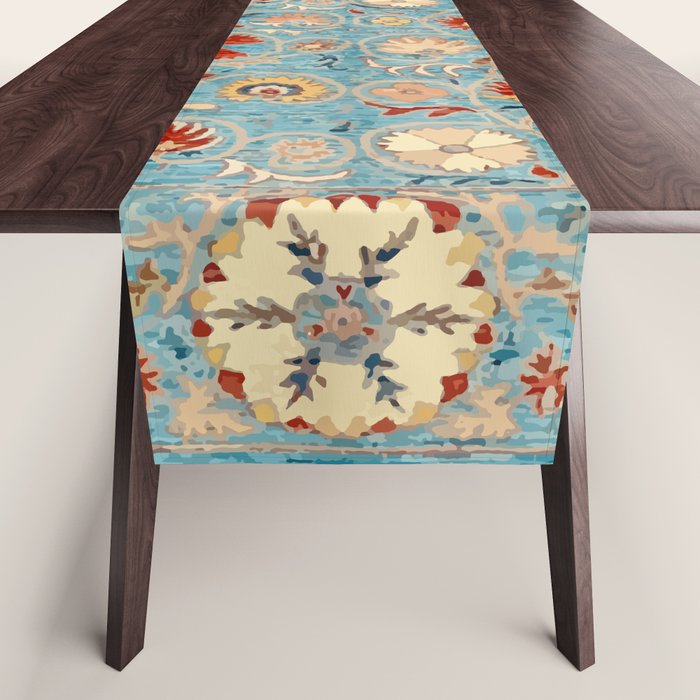 Antique Uzbekistan Blue Ground Suzani Table Runner Gallery Image 1