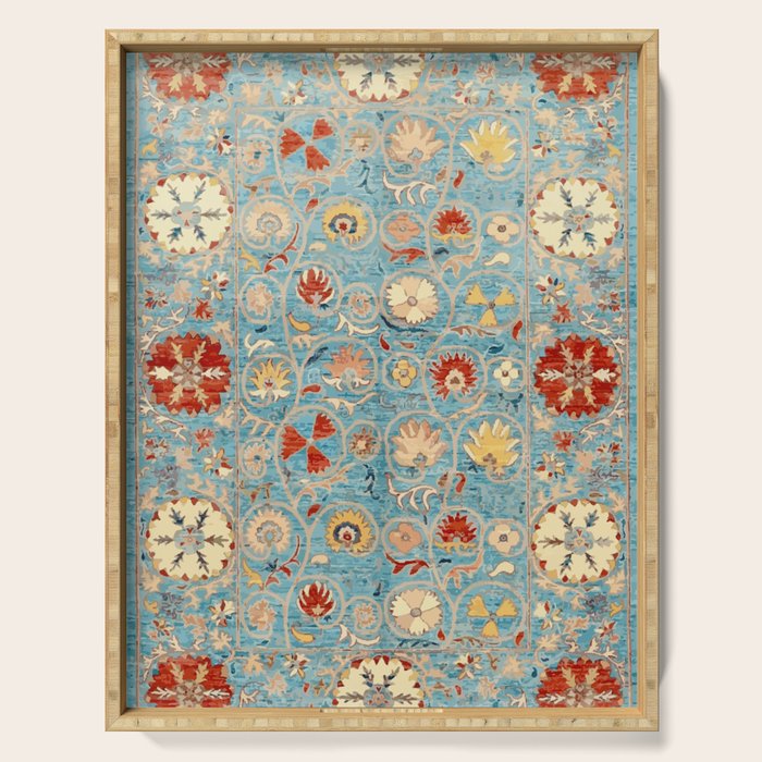Antique Uzbekistan Blue Ground Suzani Serving Tray Gallery Image 1