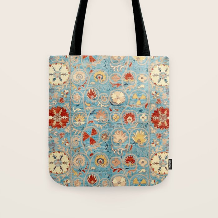 Antique Uzbekistan Blue Ground Suzani Tote Bag Gallery Image 1