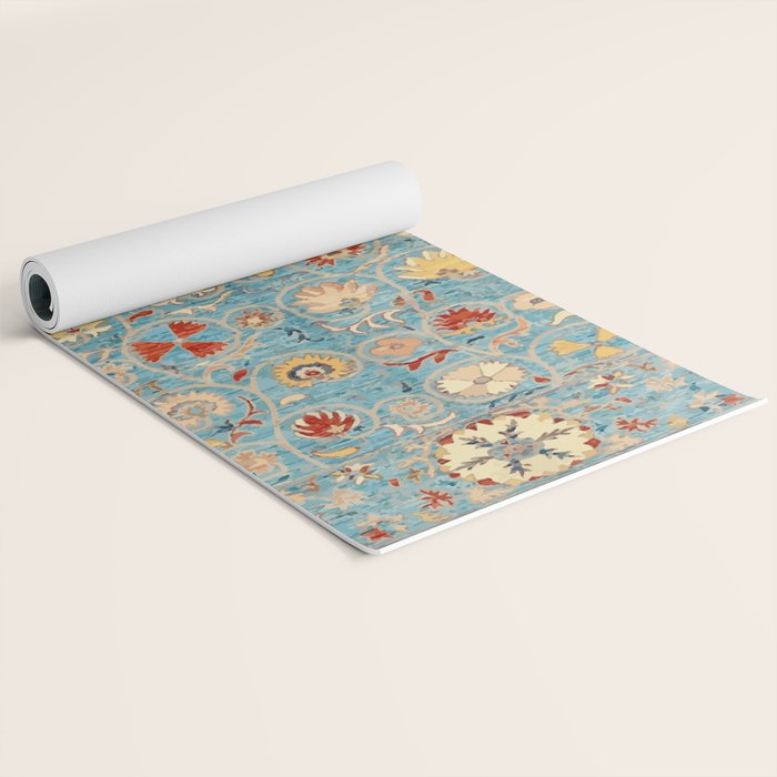 Antique Uzbekistan Blue Ground Suzani Yoga Mat Gallery Image 2