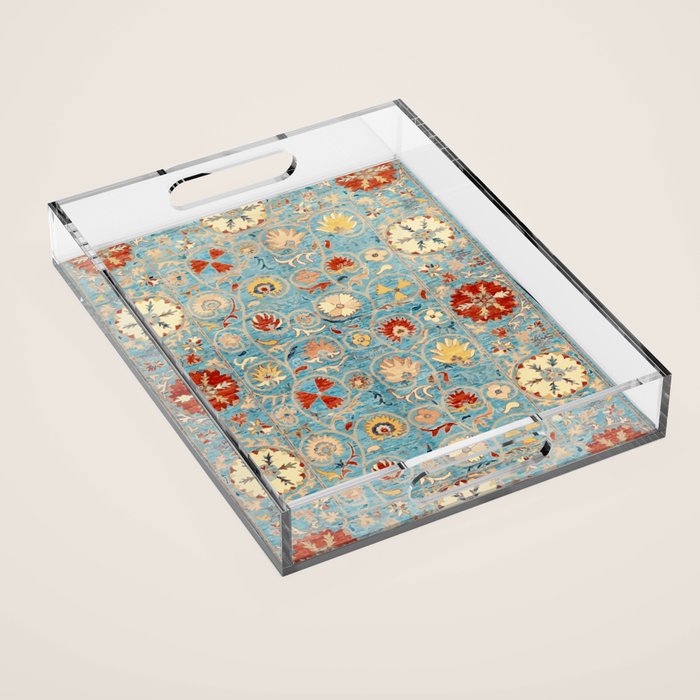 Antique Uzbekistan Blue Ground Suzani Acrylic Tray Gallery Image 1