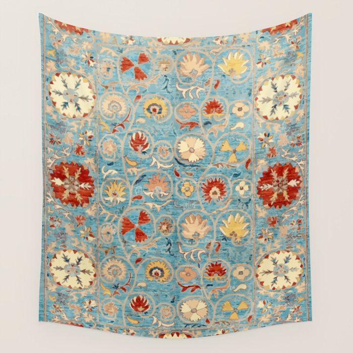 Antique Uzbekistan Blue Ground Suzani Wall Tapestry Gallery Image 1