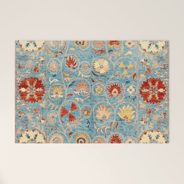 Antique Uzbekistan Blue Ground Suzani Welcome Mat Gallery Image 1