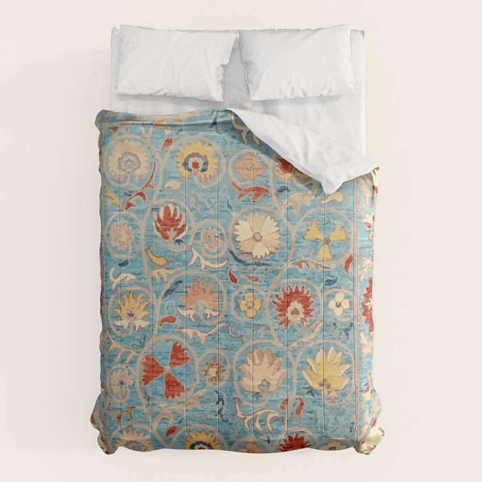 Antique Uzbekistan Blue Ground Suzani Comforter Gallery Image 6