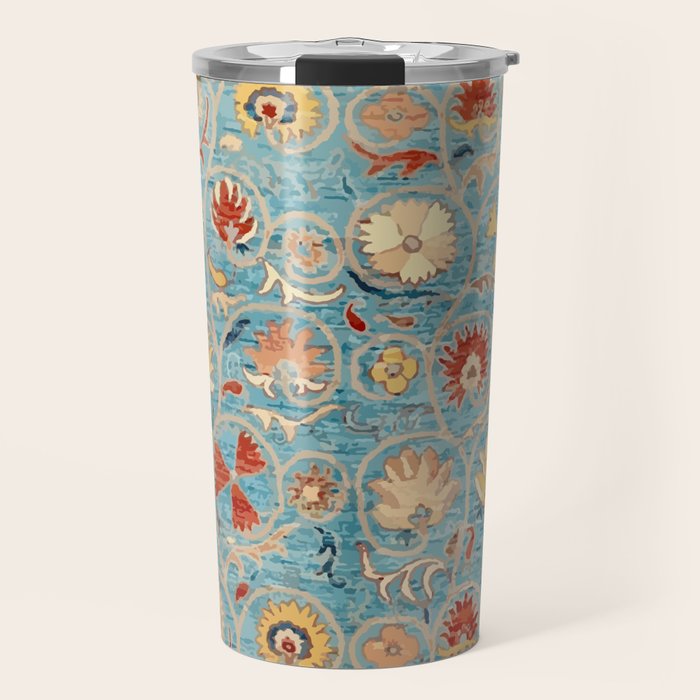 Antique Uzbekistan Blue Ground Suzani Travel Mug Gallery Image 1