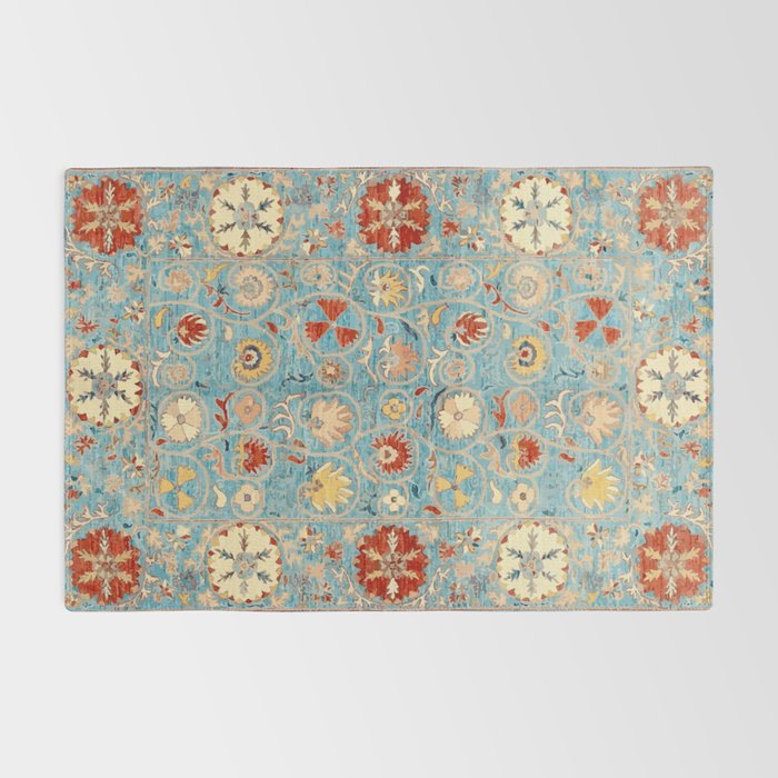 Antique Uzbekistan Blue Ground Suzani Rug Gallery Image 2