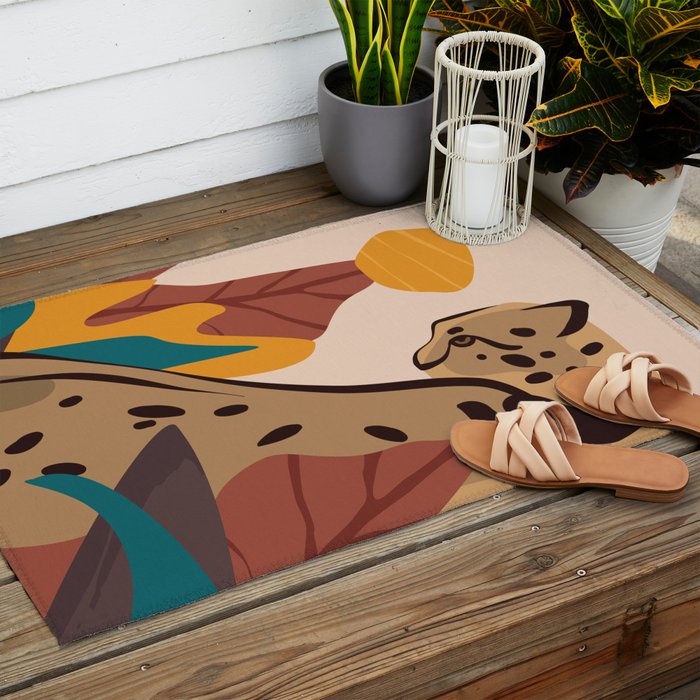 Jungle Leopard with Tropical Leaves in Earthy Colors Outdoor Rug Gallery Image 2