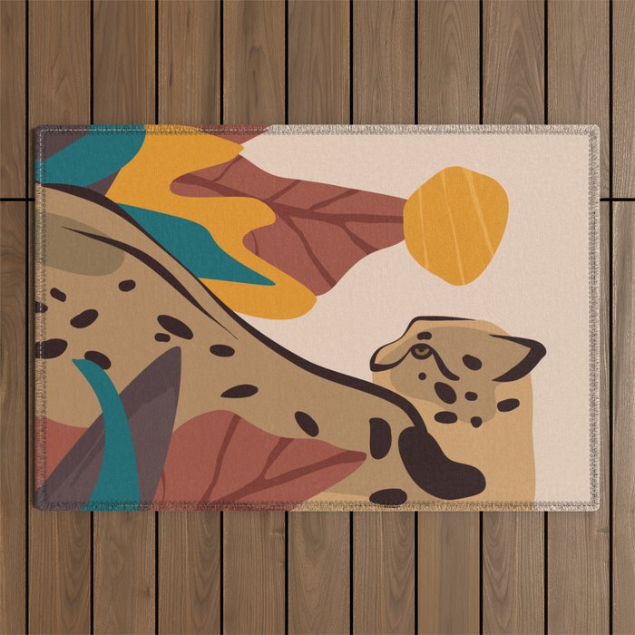 Jungle Leopard with Tropical Leaves in Earthy Colors Outdoor Rug Gallery Image 1