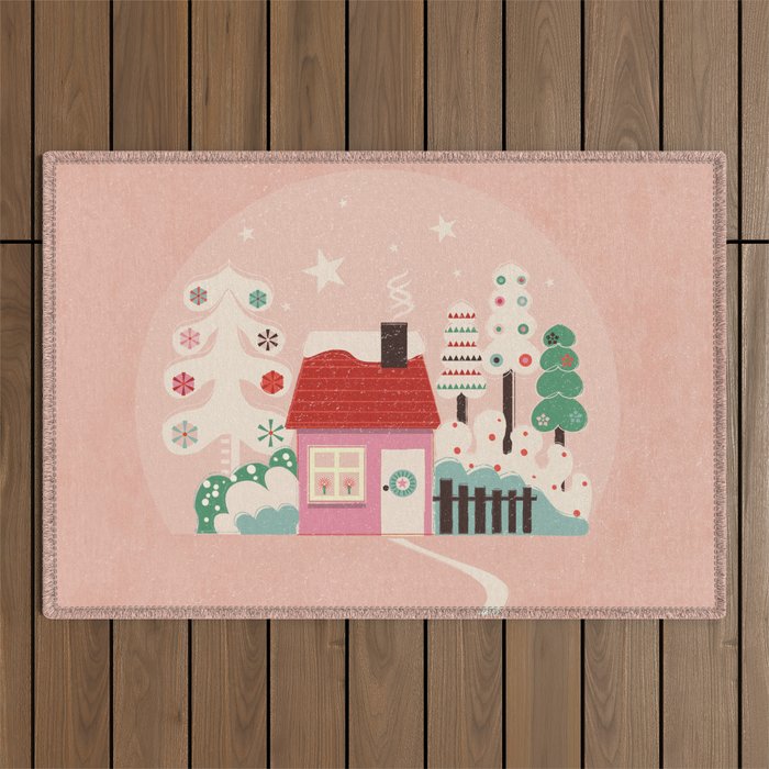 Festive Winter Hut in pink Outdoor Rug Gallery Image 1