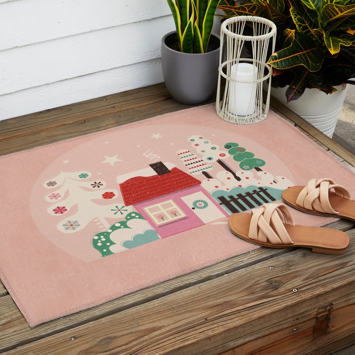 Festive Winter Hut in pink Outdoor Rug Gallery Image 2