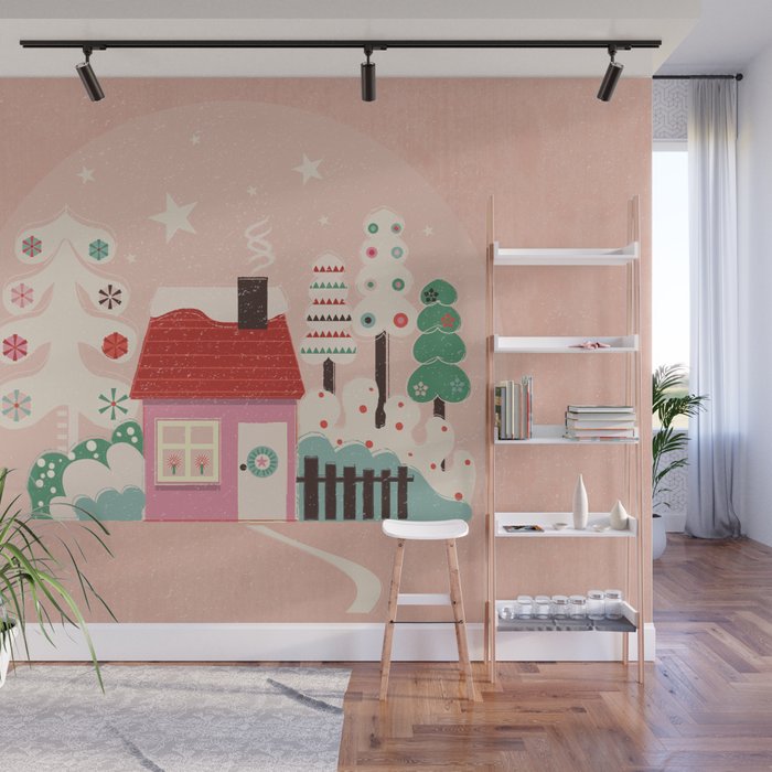 Festive Winter Hut in pink Wall Mural Gallery Image 1