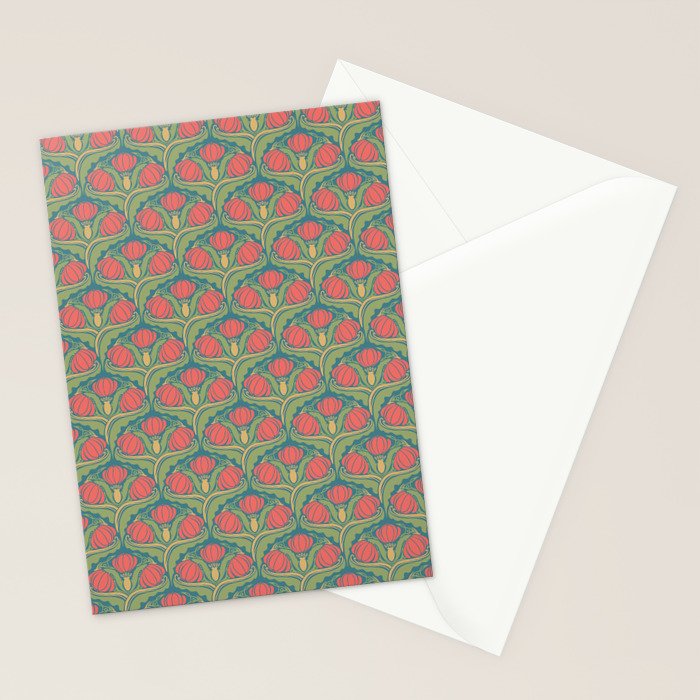 Art Nouveau Pattern 2 Red Sage Green Yellow Ochre On Blue Stationery Card Gallery Image 2